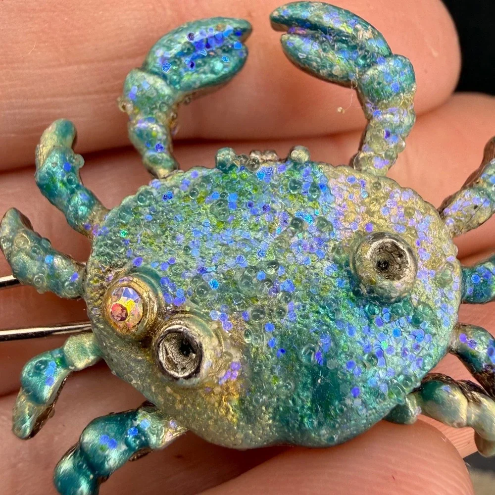 Vintage Yosca Crab Hair Clip Blue Enamel Rhinestone Animal Silver Tone